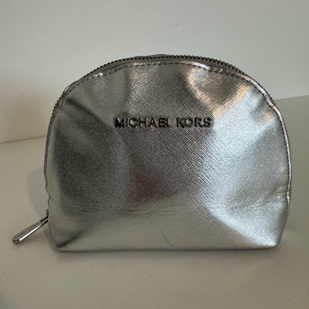 Michael Kors Metallic Silver Jet Set Travel Cosmetic Clutch MK